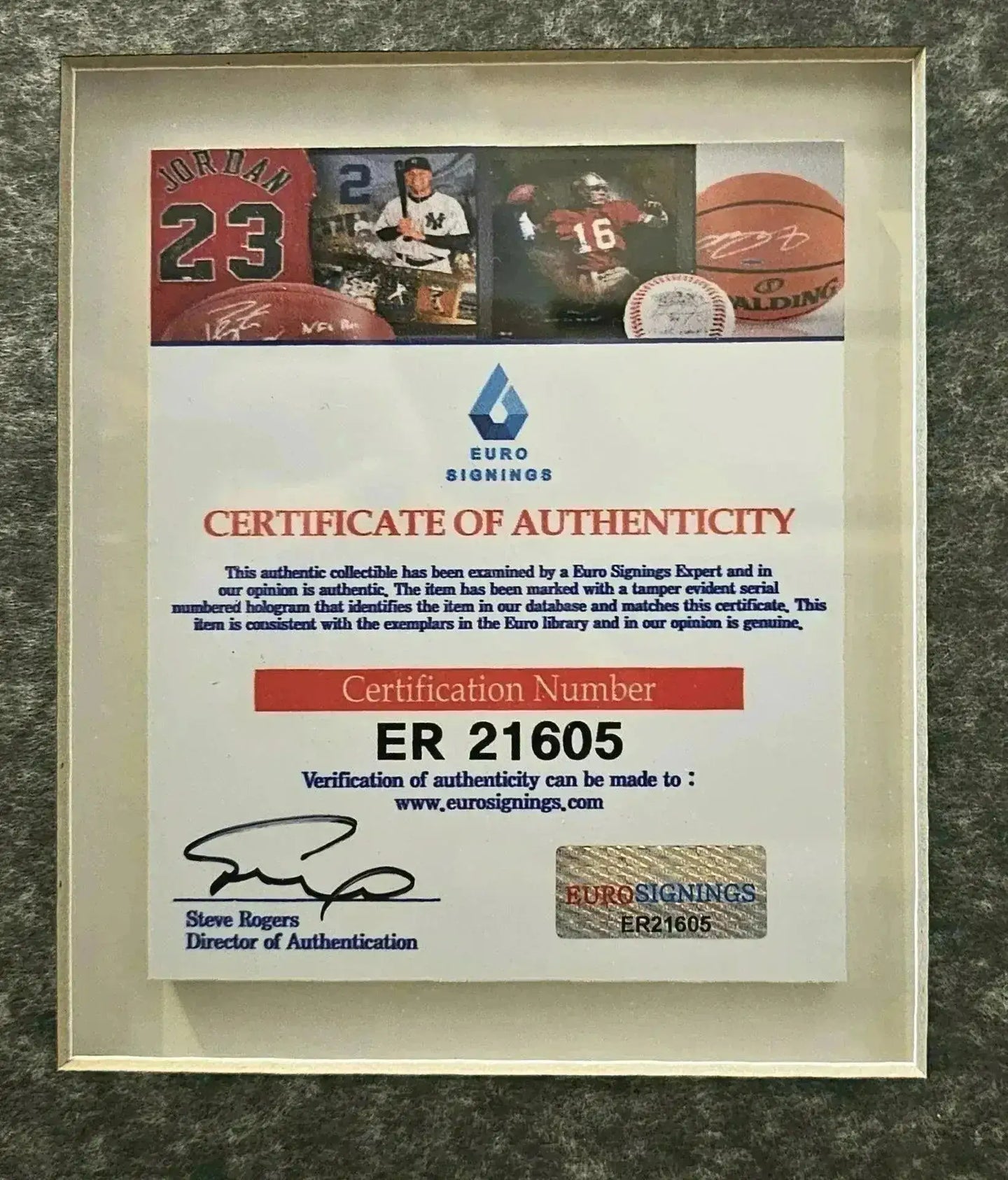 Certificate of Authenticity from Euro Signings, detailing certification number ER 21605.