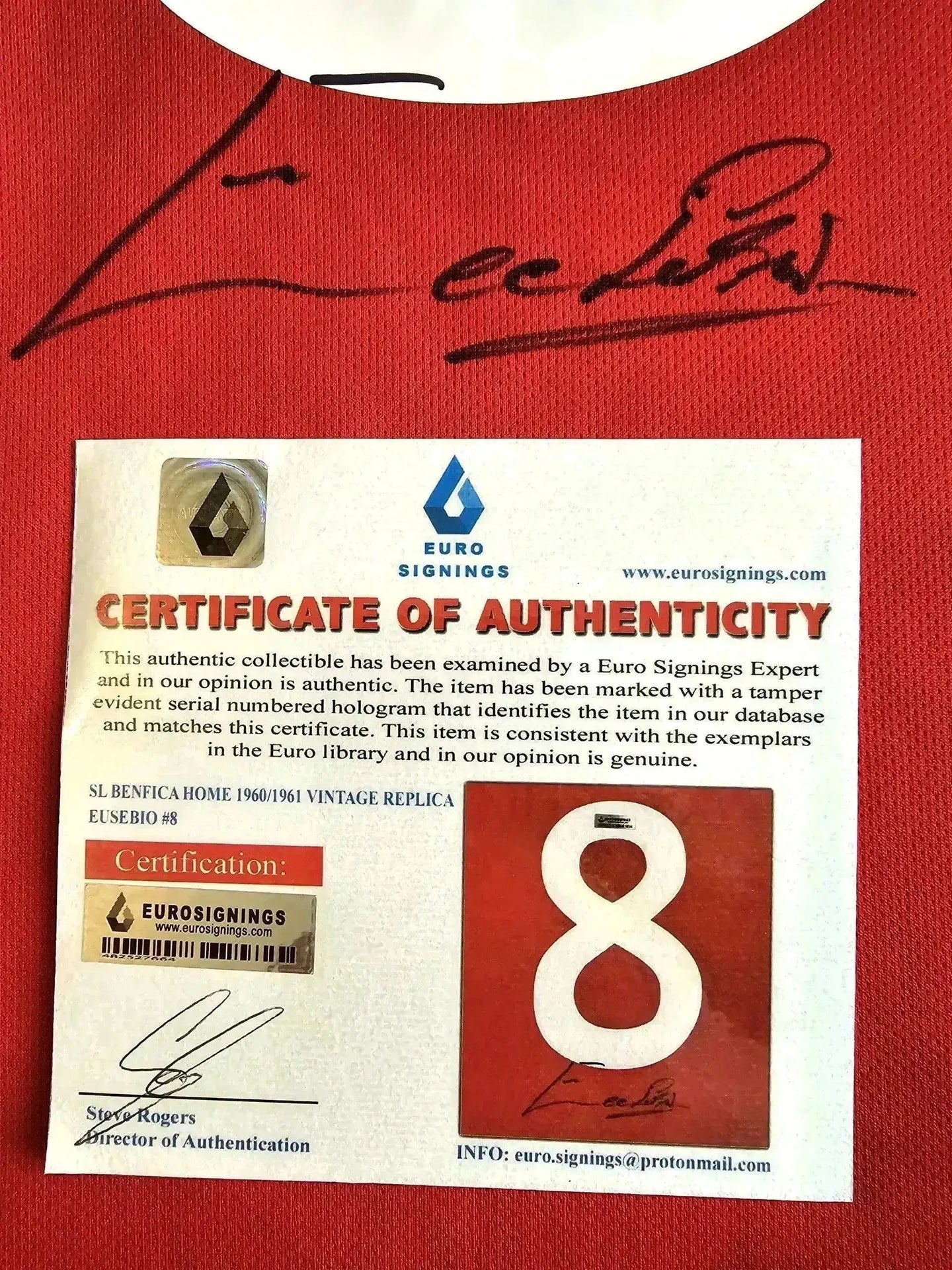 Front view featuring signature of Eusébio and certificate of authenticity with No. 8.