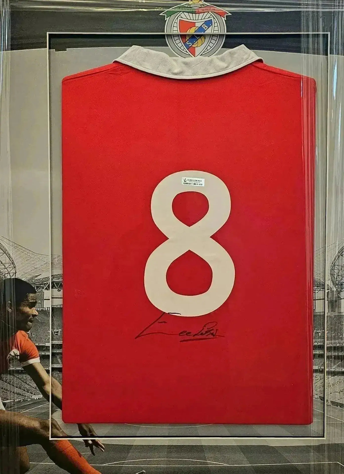 Back view featuring No. 8 and signature of Eusébio on a red S.L. Benfica soccer jersey.
