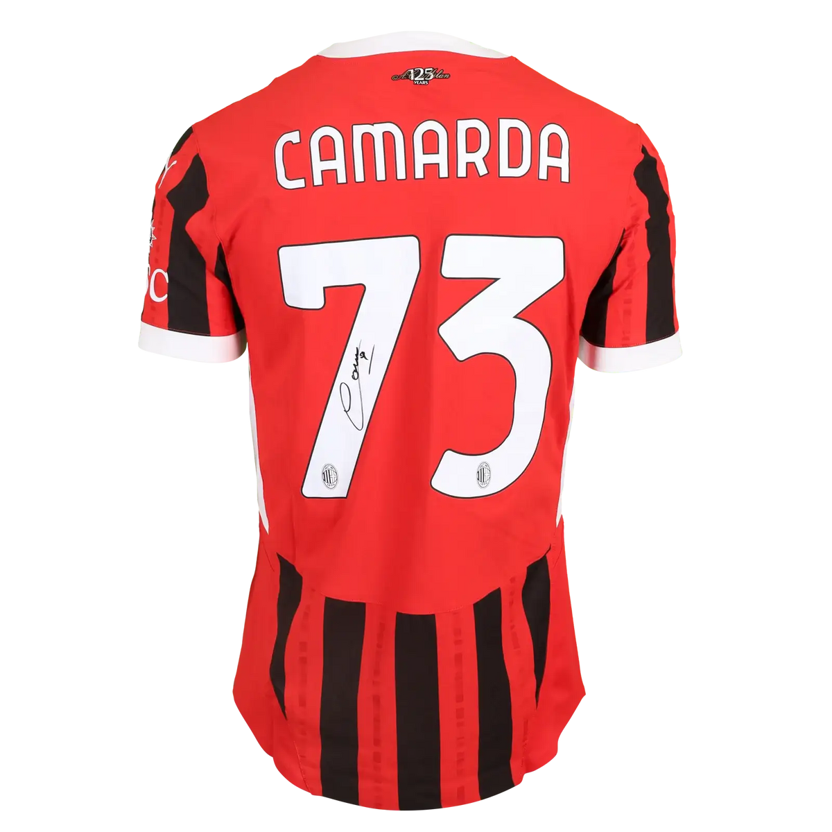 Back view of the AC Milan shirt with the Camarda nameset, No. 73, and a signature below the number.