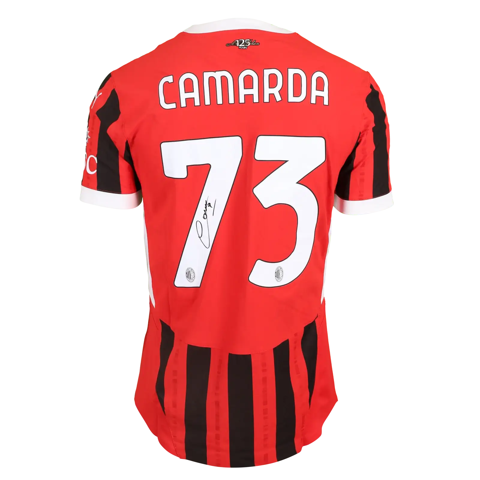 Back view of the AC Milan shirt with the Camarda nameset, No. 73, and a signature below the number.