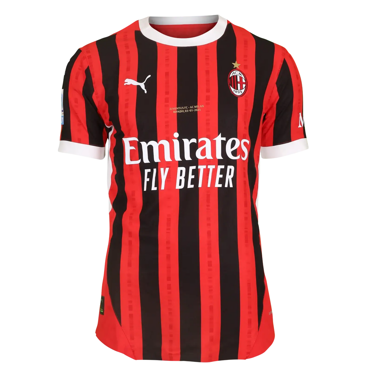 Front view of the AC Milan shirt printed with Juventus FC - AC Milan, Riyadh, 03-01-2025 above the crest.