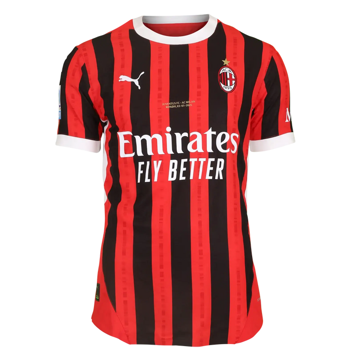 Front view of the AC Milan shirt printed with Juventus FC - AC Milan, Riyadh, 03-01-2025 above the crest.