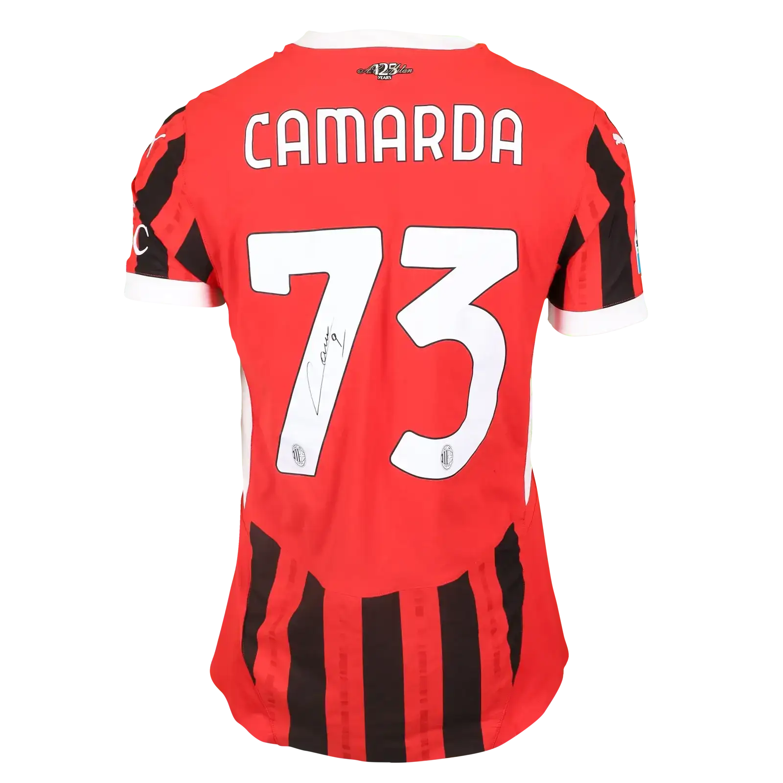 Back view showing Camarda, No. 73, and signature on an AC Milan football shirt.