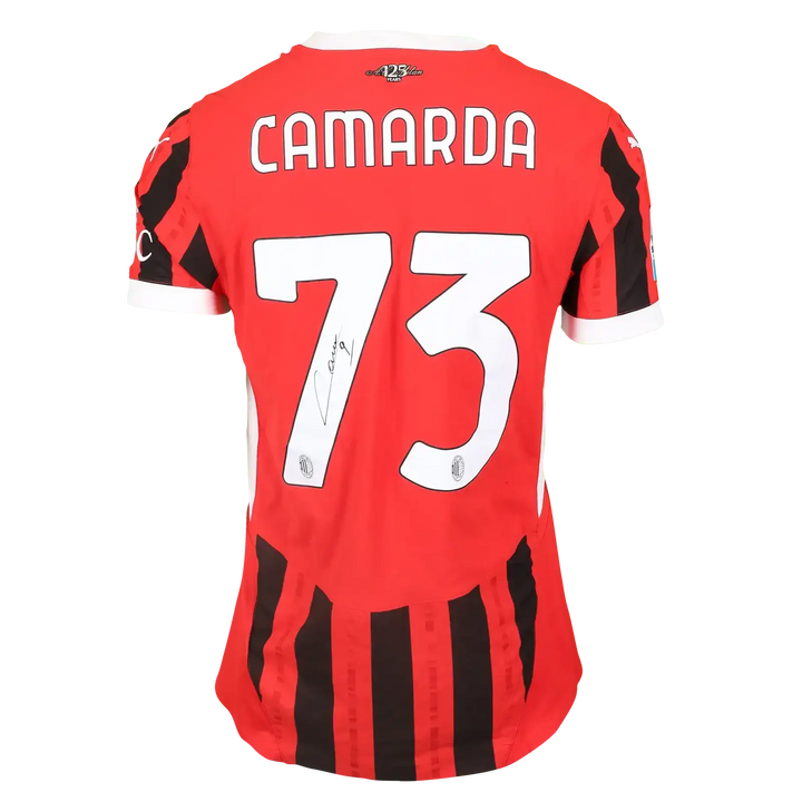 Back view showing Camarda, No. 73, and signature on an AC Milan football shirt.
