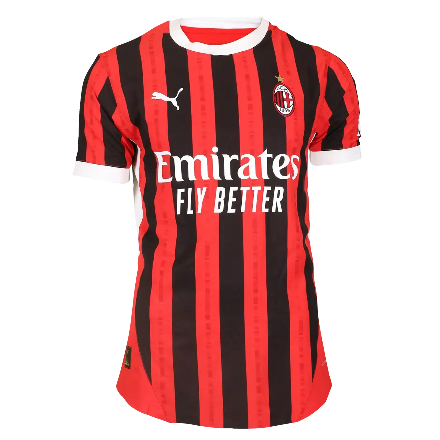 Front view of Francesco Camarda signed football shirt with red and black stripes and Emirates sponsor.