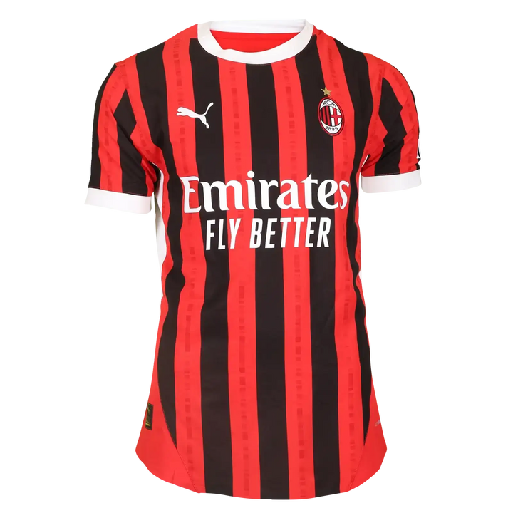 Front view of Francesco Camarda signed football shirt with red and black stripes and Emirates sponsor.