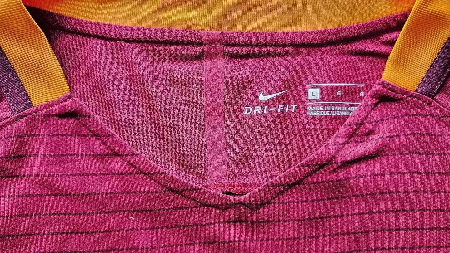 Close-up view of the collar featuring DRI-FIT text and size label 'L' on a red shirt.