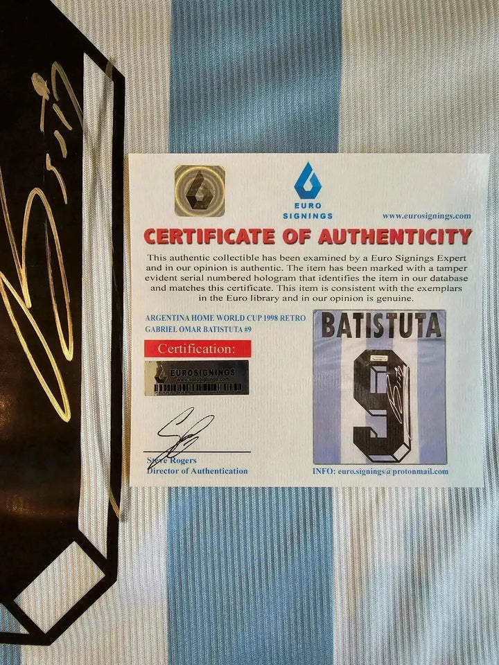 Certificate of Authenticity showing Gabriel Batistuta No. 9 and signature details.