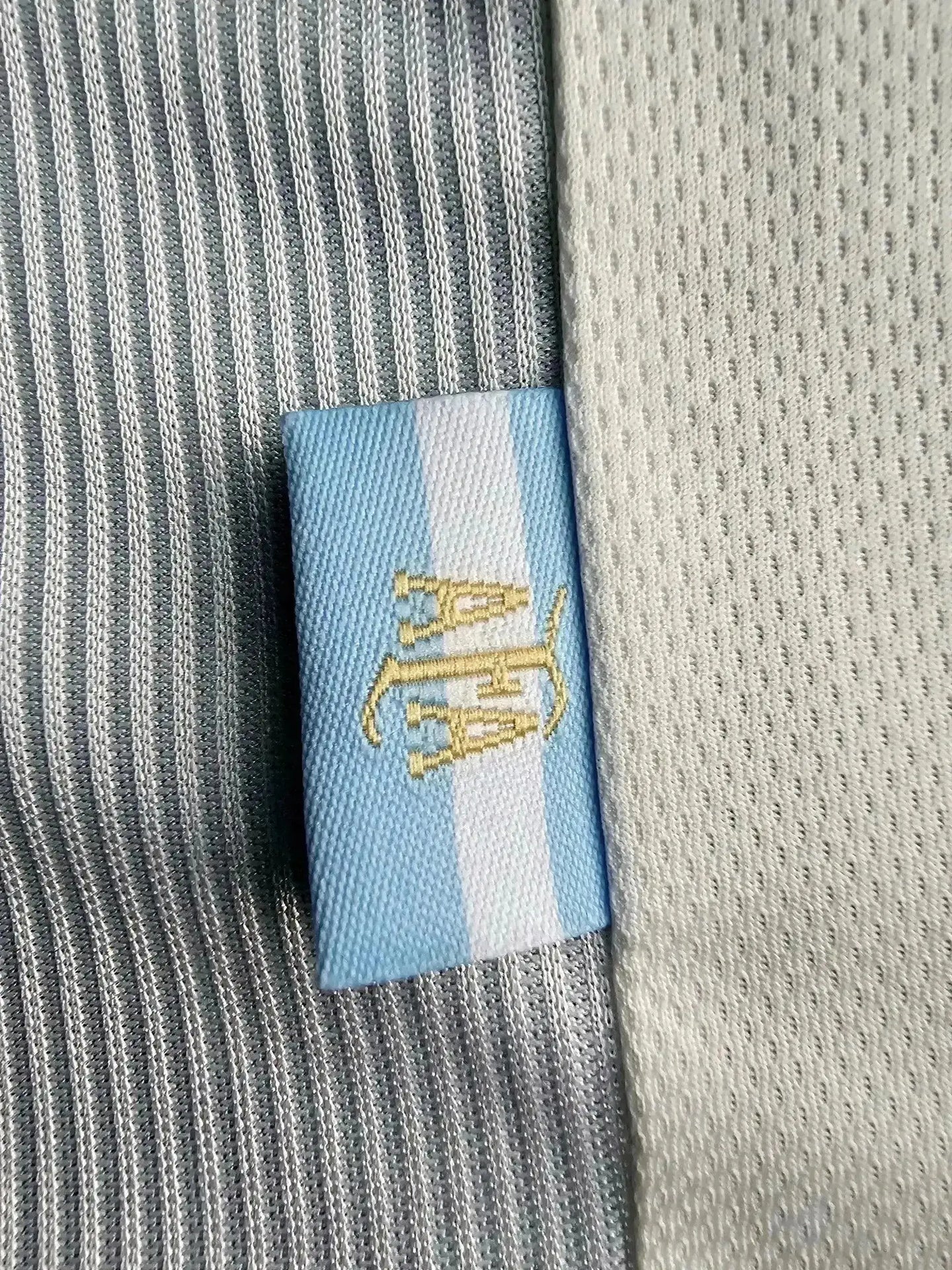 Detail showing the Argentina flag label with crest on the Gabriel Batistuta signed soccer jersey.