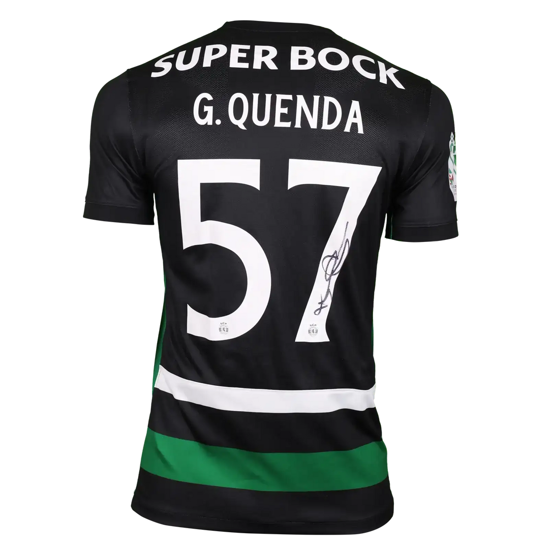 Back view of Geovany Quenda's signed Sporting CP shirt with No. 57 and Super Bock text.