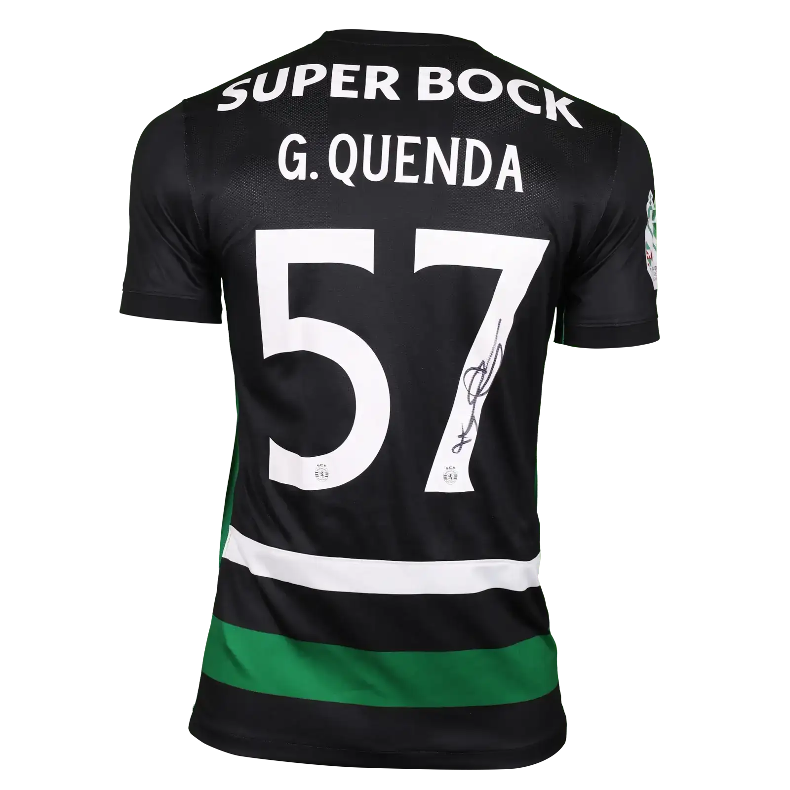 Back view of Geovany Quenda&#39;s signed Sporting CP shirt with No. 57 and Super Bock text.