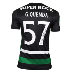 Back view of Geovany Quenda's signed Sporting CP shirt with No. 57 and Super Bock text.