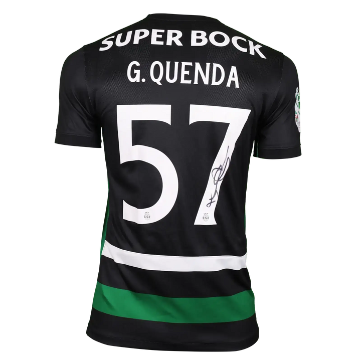 Back view of Geovany Quenda's signed Sporting CP shirt with No. 57 and Super Bock text.