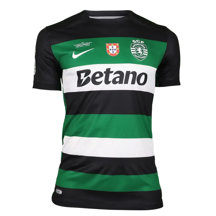 Sporting CP shirt in green and black stripes with Betano sponsor and SC Portugal crest.