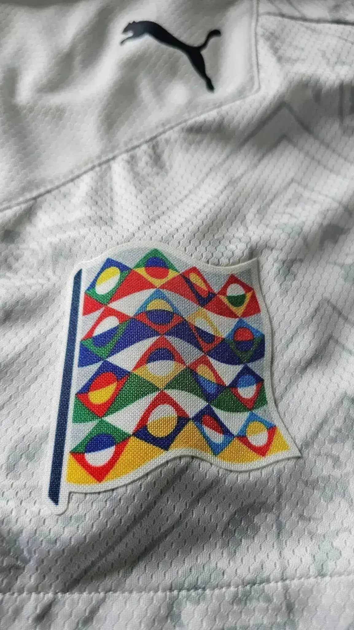 Detail view showing colorful crest with geometric patterns on white fabric.