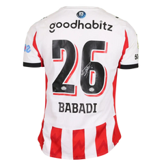 Back view of signed Isaac Babadi 26 PSV football shirt featuring sponsor goodhabitz.
