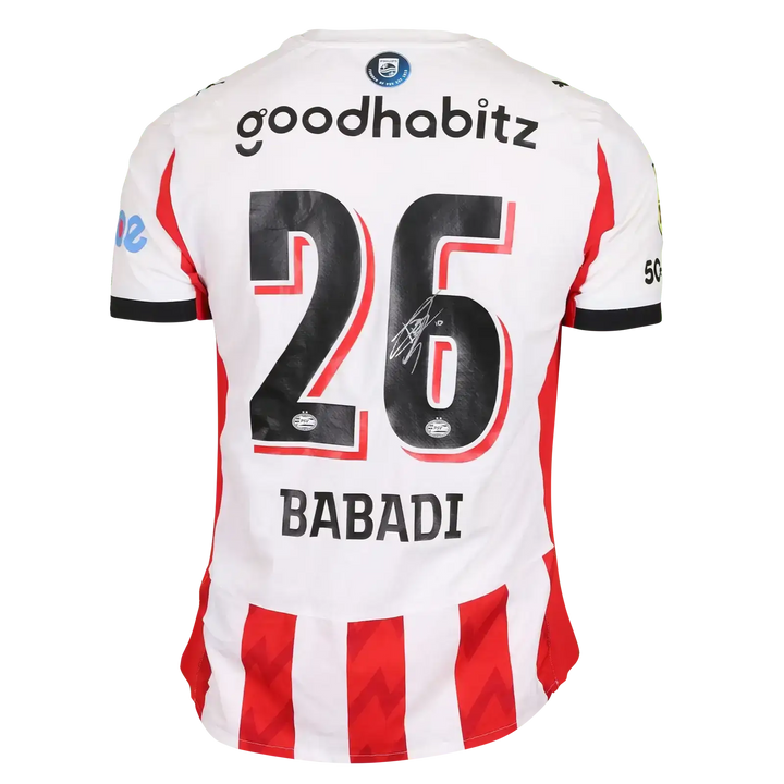 Back view of signed Isaac Babadi 26 PSV football shirt featuring sponsor goodhabitz.