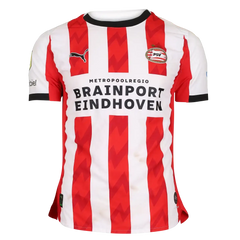 Front view of red and white striped PSV Eindhoven shirt with 'BRAINPORT EINDHOVEN' text and Puma logo.