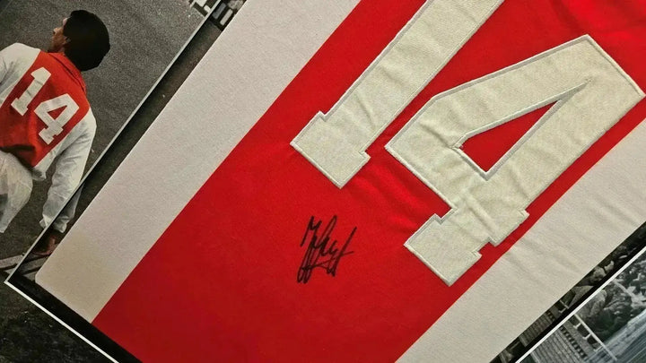 Back view showing No. 14 and signature on red section of the Ajax soccer jersey.