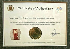 Certificate of Authenticity for Ajax Home Shirt with Johan Cruyff's signature and a gold seal.
