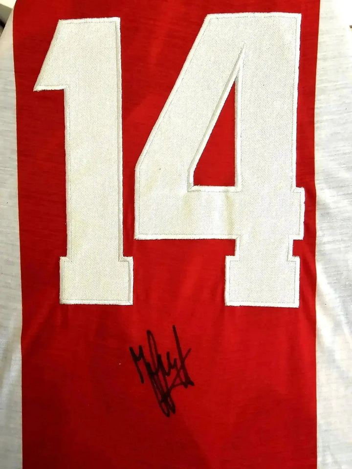 Back view showing No. 14 and signature detail on red fabric.