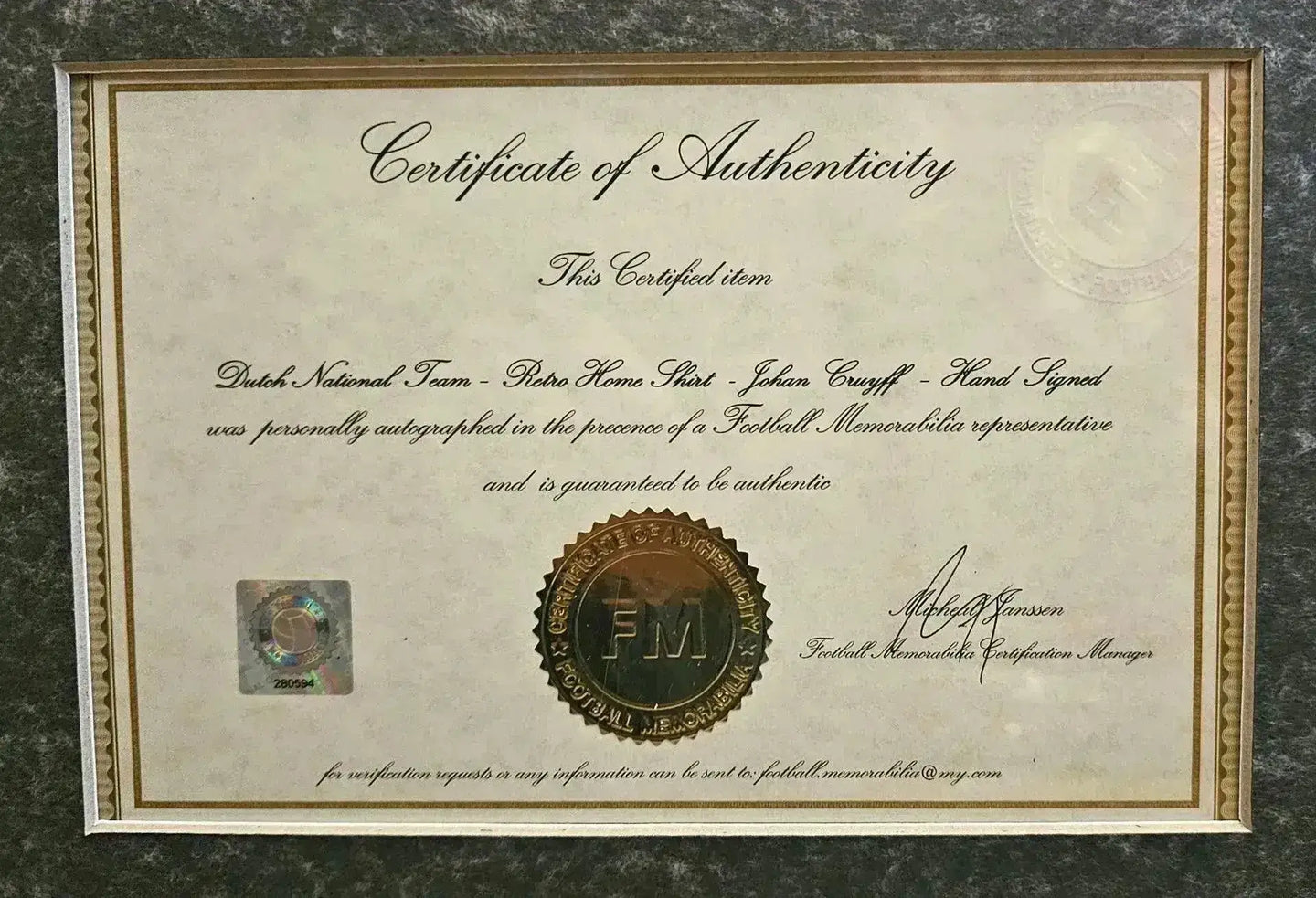 Certificate of Authenticity for Johan Cruyff signed item with details about Dutch National Team.