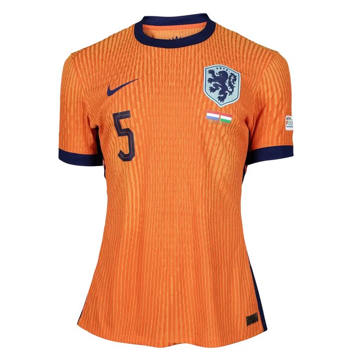 Front view of Holland football shirt with No. 5, crest, and Nike logo in orange.