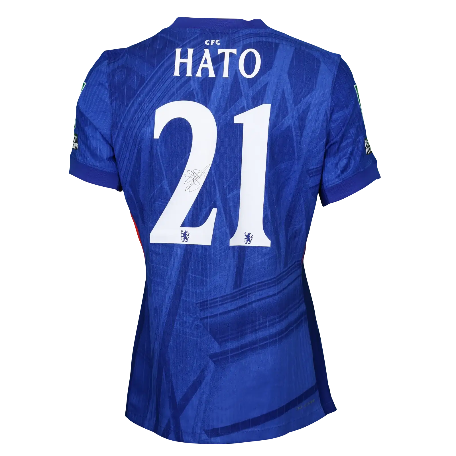 Back view displaying No. 21 and HATO with a visible signature on a blue Chelsea F.C. shirt.