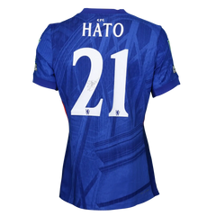 Back view displaying No. 21 and HATO with a visible signature on a blue Chelsea F.C. shirt.