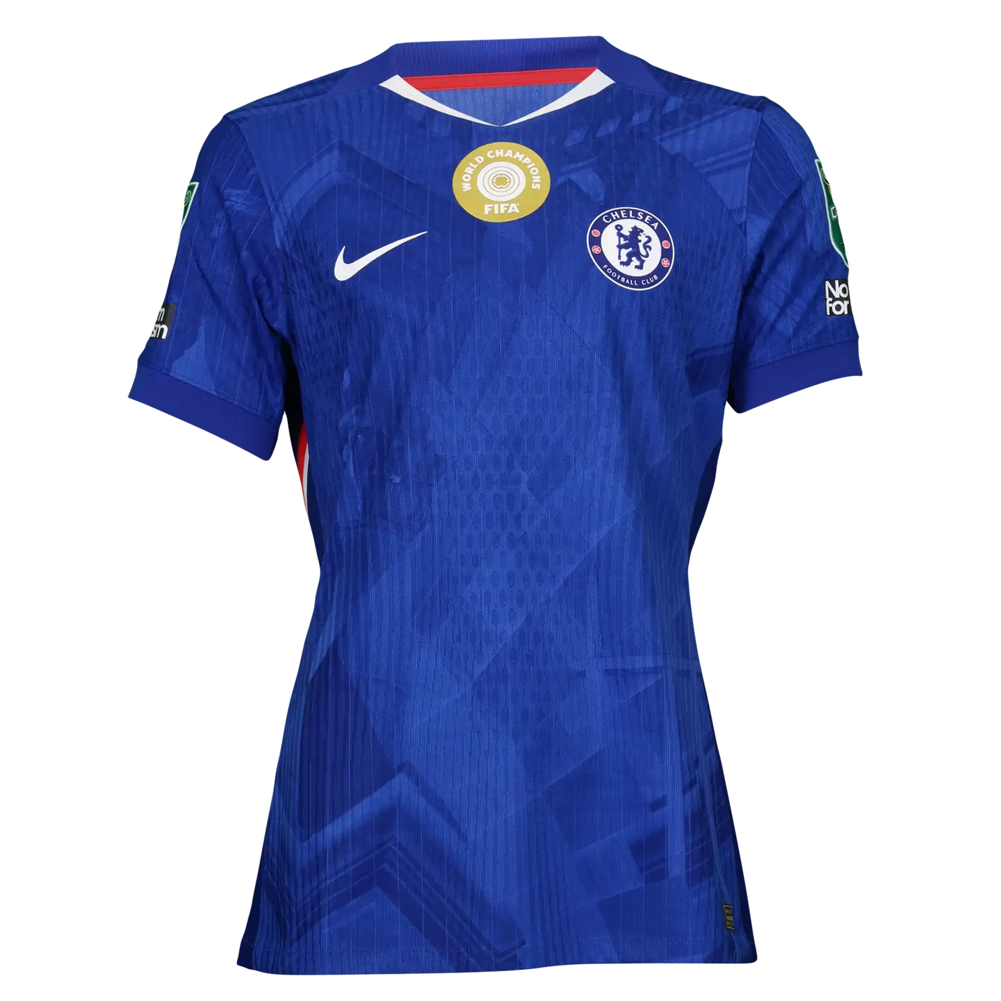 Front view of a blue Chelsea F.C. football shirt with FIFA World Champions badge.