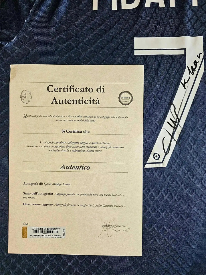 Signed certificate of authenticity for Kylian Mbappé No. 7 Paris Saint-Germain soccer jersey.
