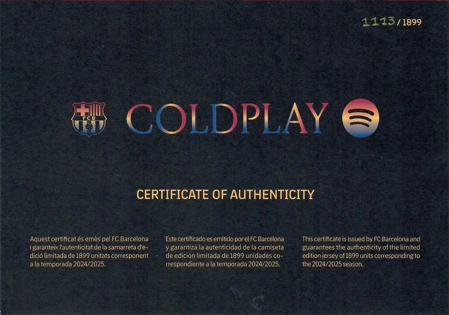 Certificate of Authenticity for Lamine Yamal 19 Barcelona Coldplay Limited Edition football shirt.