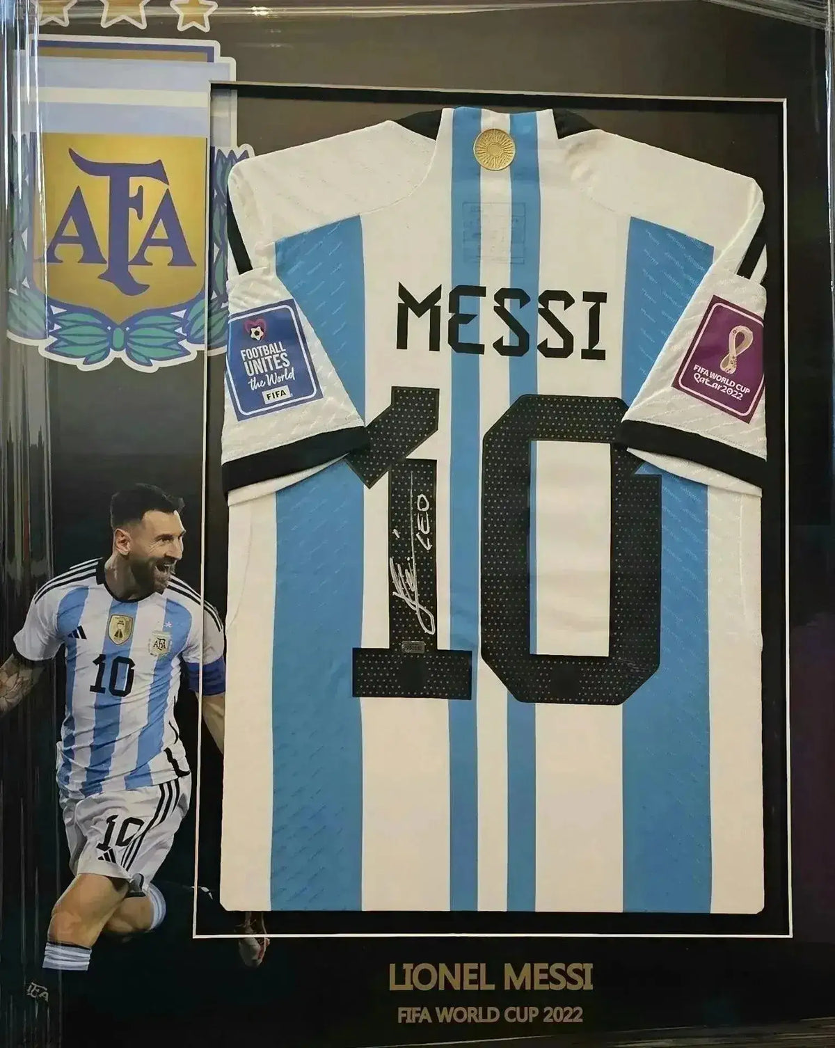 Argentina 2022 World Cup signed soccer jersey featuring Messi, No. 10, with FIFA tags and AFA crest.