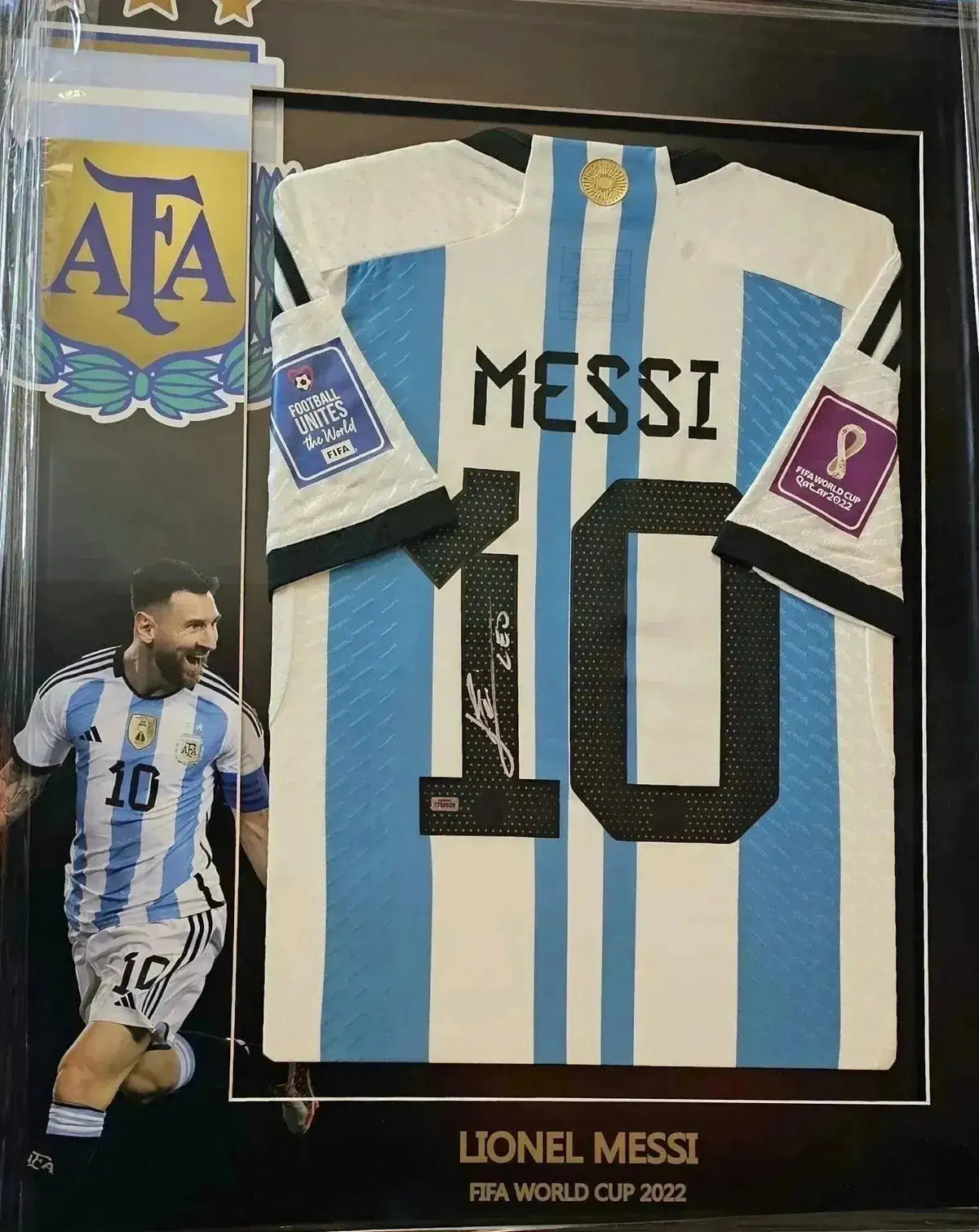Front view of signed Argentina soccer jersey, featuring Messi, No. 10, and AFA crest.