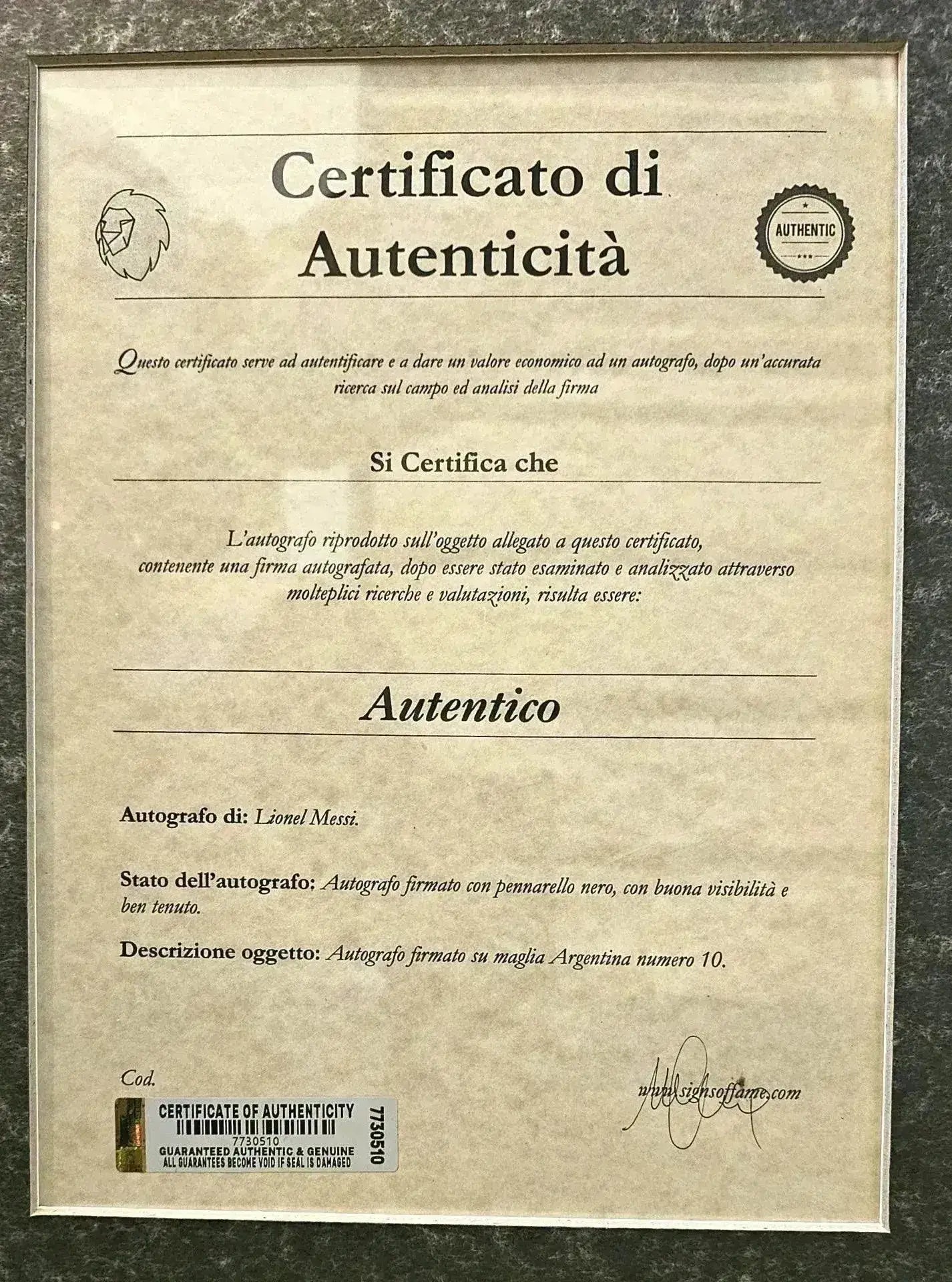 Certificate of authenticity verifying Lionel Messi's signature on Argentina jersey No. 10.