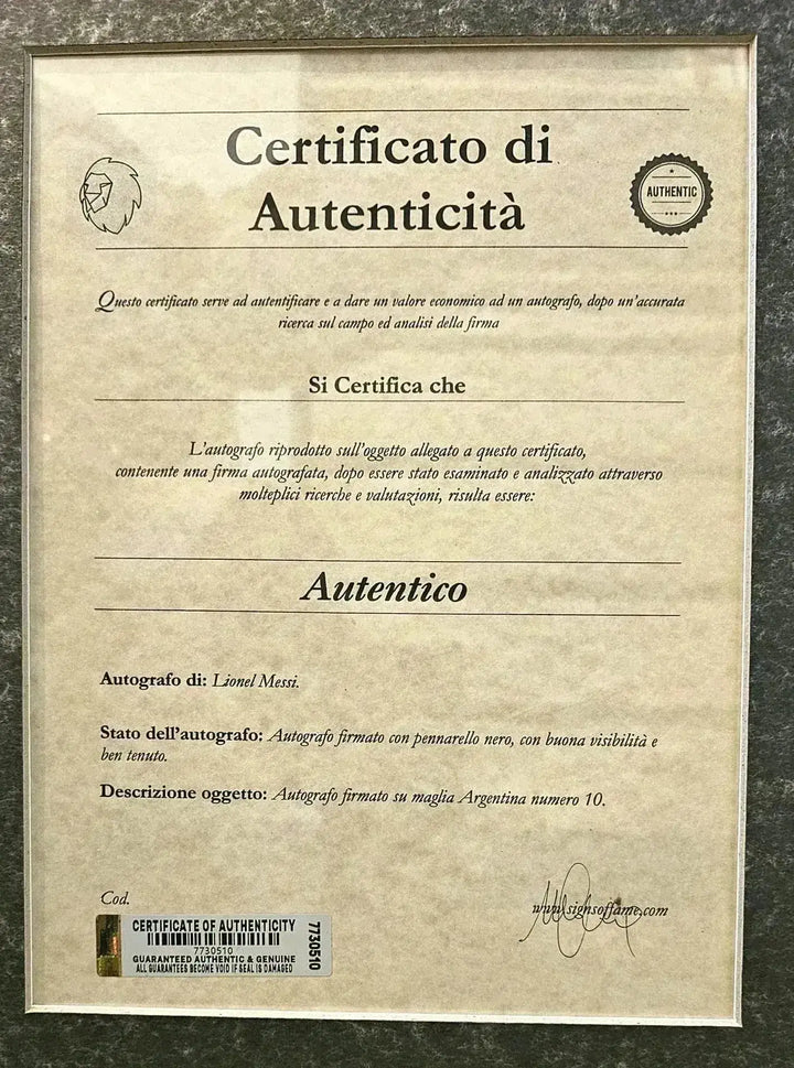 Certificate of authenticity verifying Lionel Messi&