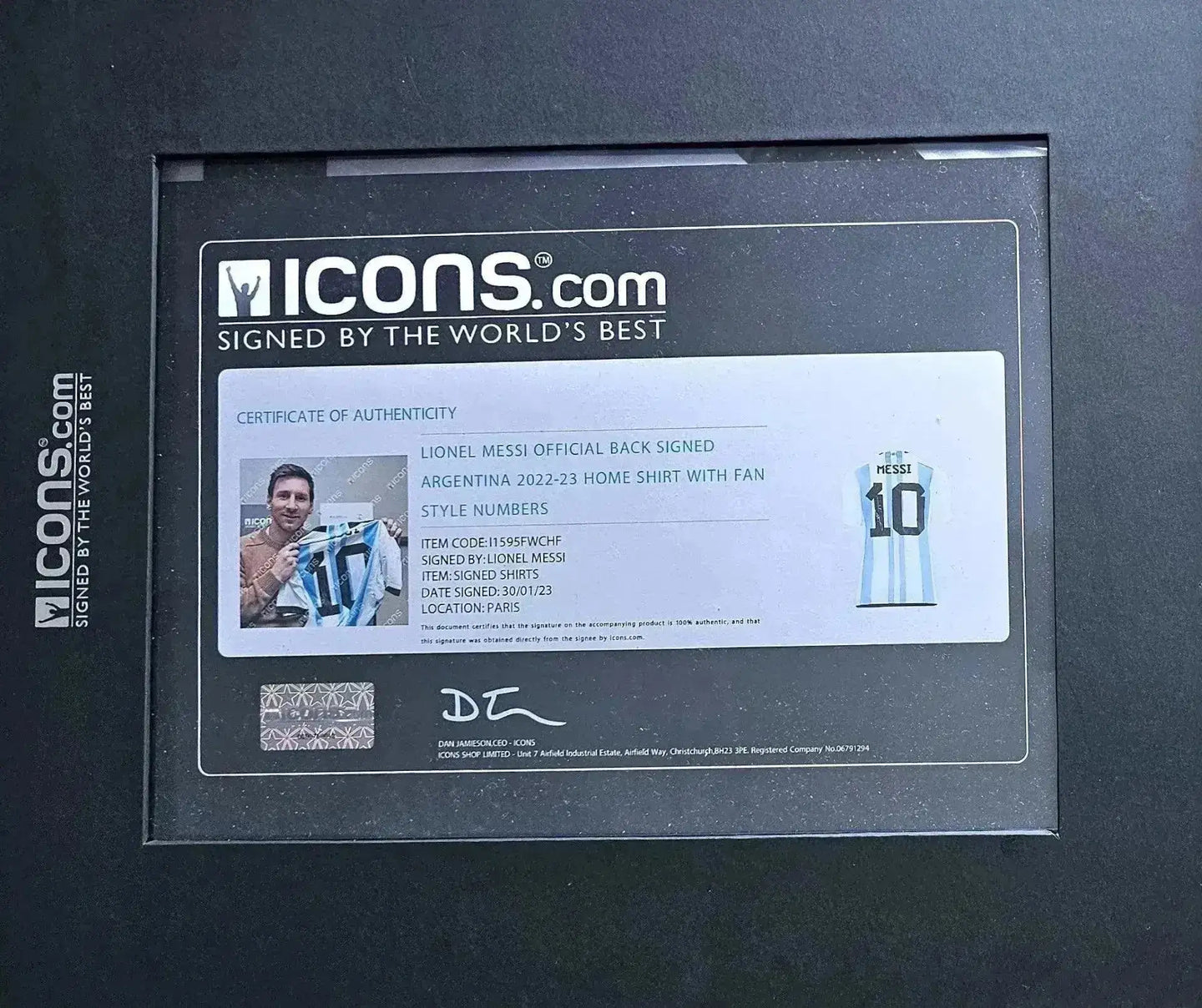 Certificate of authenticity for Lionel Messi signed Argentina 2022-23 home soccer jersey.