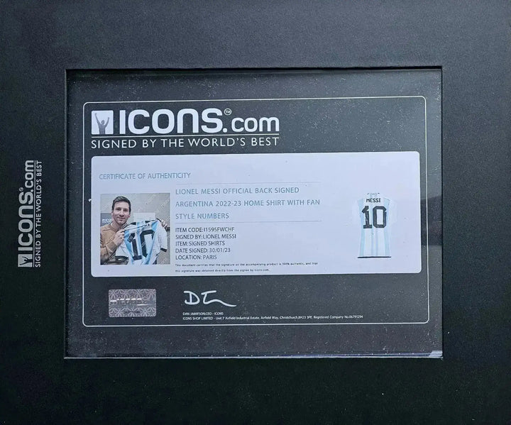 Certificate of authenticity for Lionel Messi signed soccer jersey, showing player name and No. 10.