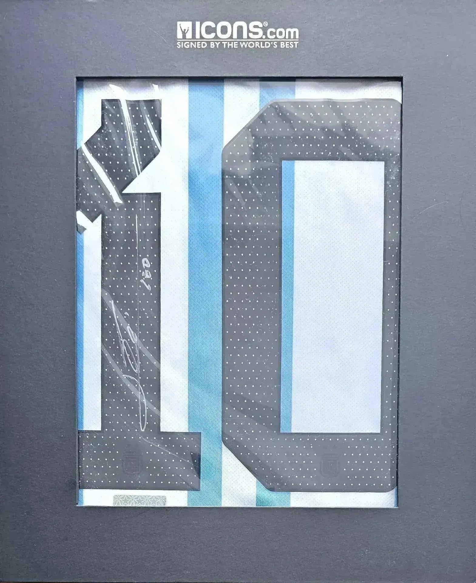 Close-up of No. 10 with signature detail in blue and white stripes.
