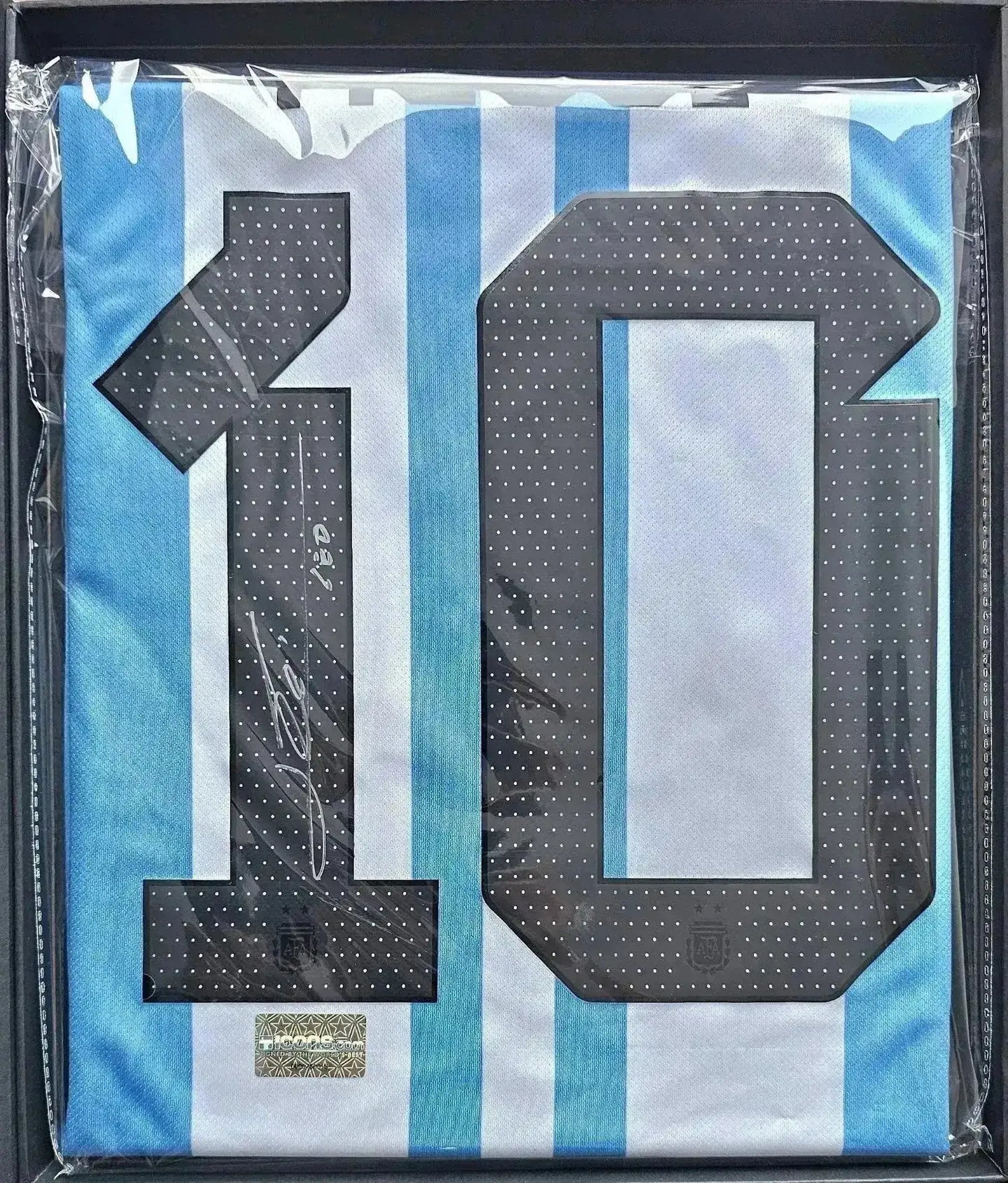Front view of Argentina soccer jersey featuring No. 10 and Lionel Messi's signature.