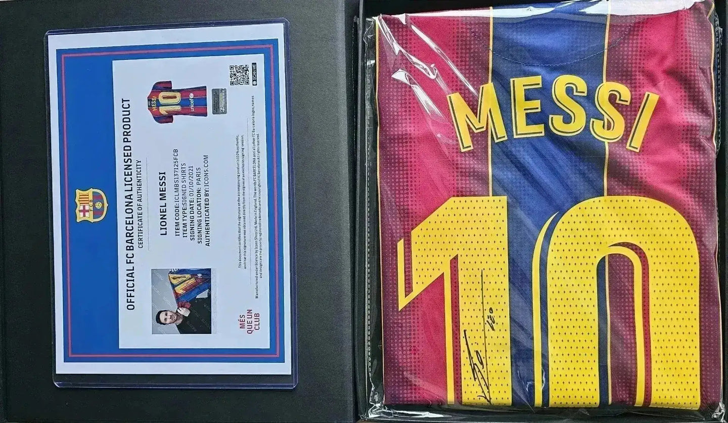 Lionel Messi signed Barcelona soccer jersey with No. 10; certificate of authenticity included.