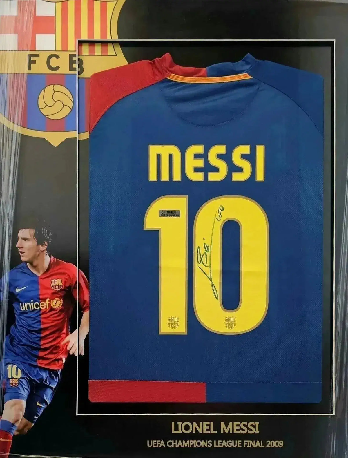 Front view of signed soccer jersey featuring Messi, No. 10, with Barcelona crest and UEFA Champions League detail.