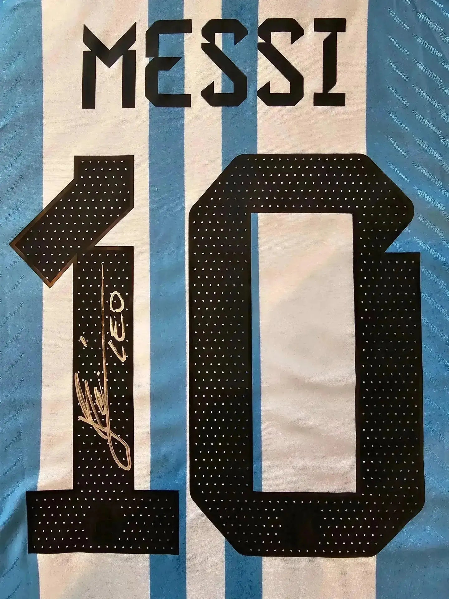 Back view displaying No. 10 and Messi's signature on an Argentina soccer jersey.