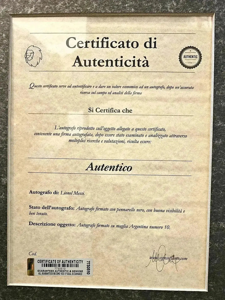 Certificate of Authenticity for Lionel Messi&