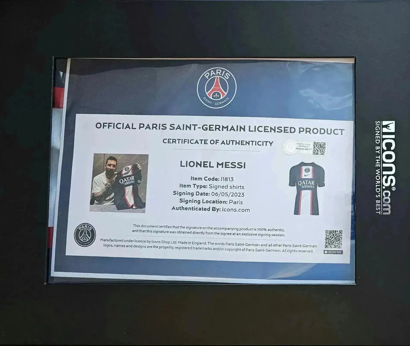Certificate of authenticity for Lionel Messi signed soccer shirt from Paris Saint-Germain.