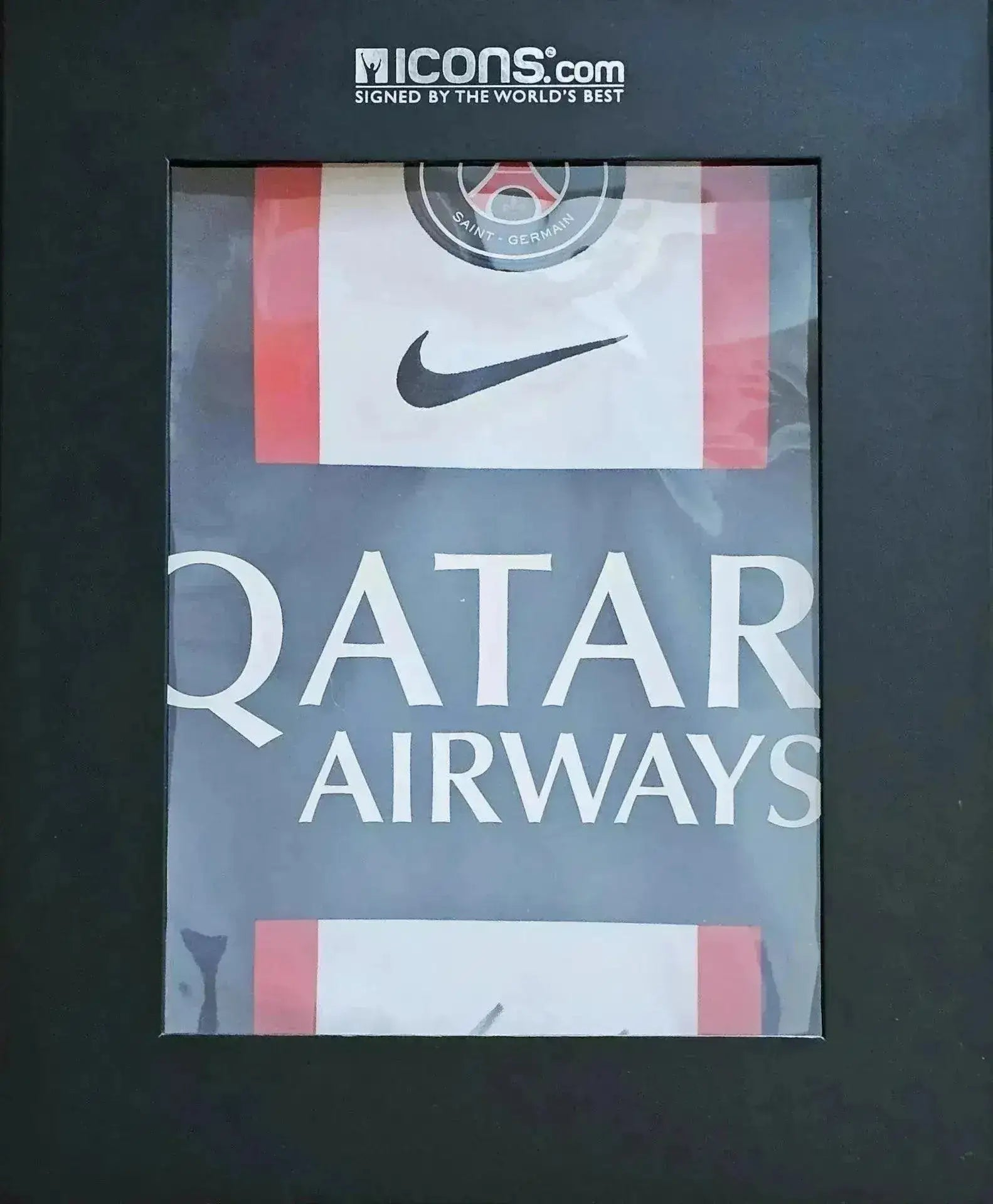 Front view of a signed Lionel Messi PSG soccer jersey featuring the Qatar Airways sponsor and club crest.