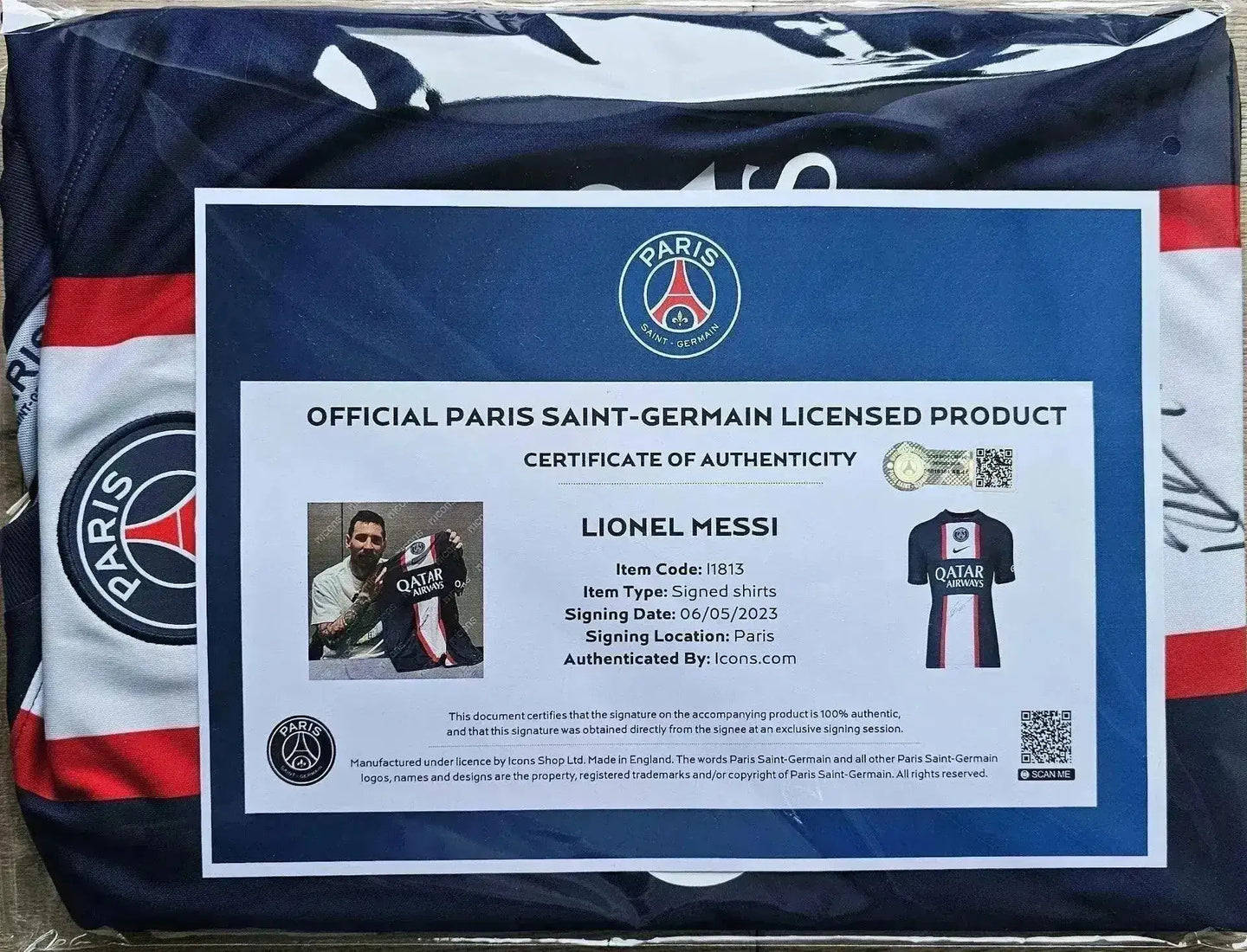 Certificate of Authenticity showing Lionel Messi and PSG logo with QATAR AIRWAYS branding.