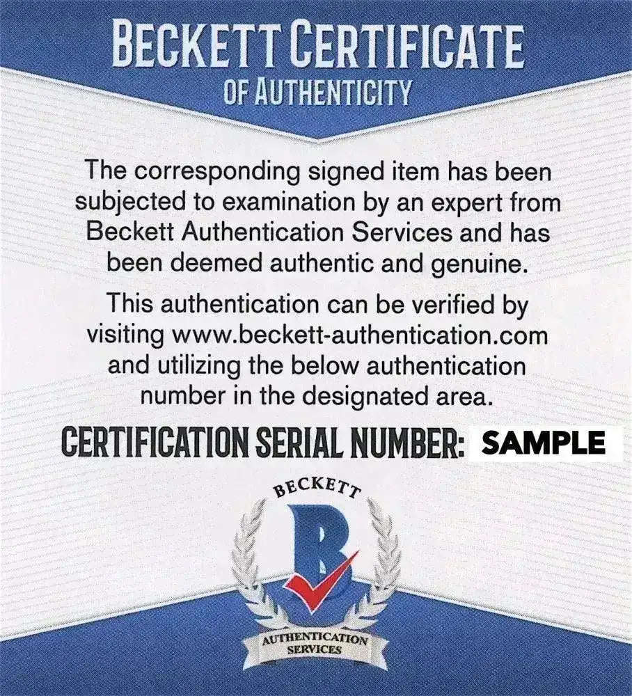 Certificate of authenticity from Beckett confirming item is genuine with serial number: SAMPLE.