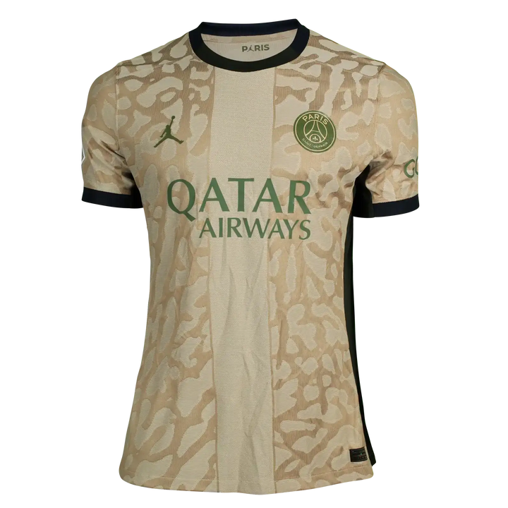 Front view of Marquinhos PSG 2023-2024 signed soccer jersey featuring Qatar Airways logo and Paris crest.